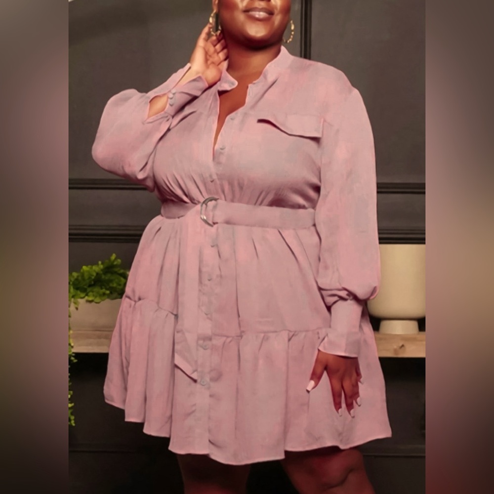 1X-5X Elle Pink Ruffle Mini Dress w/Belt
